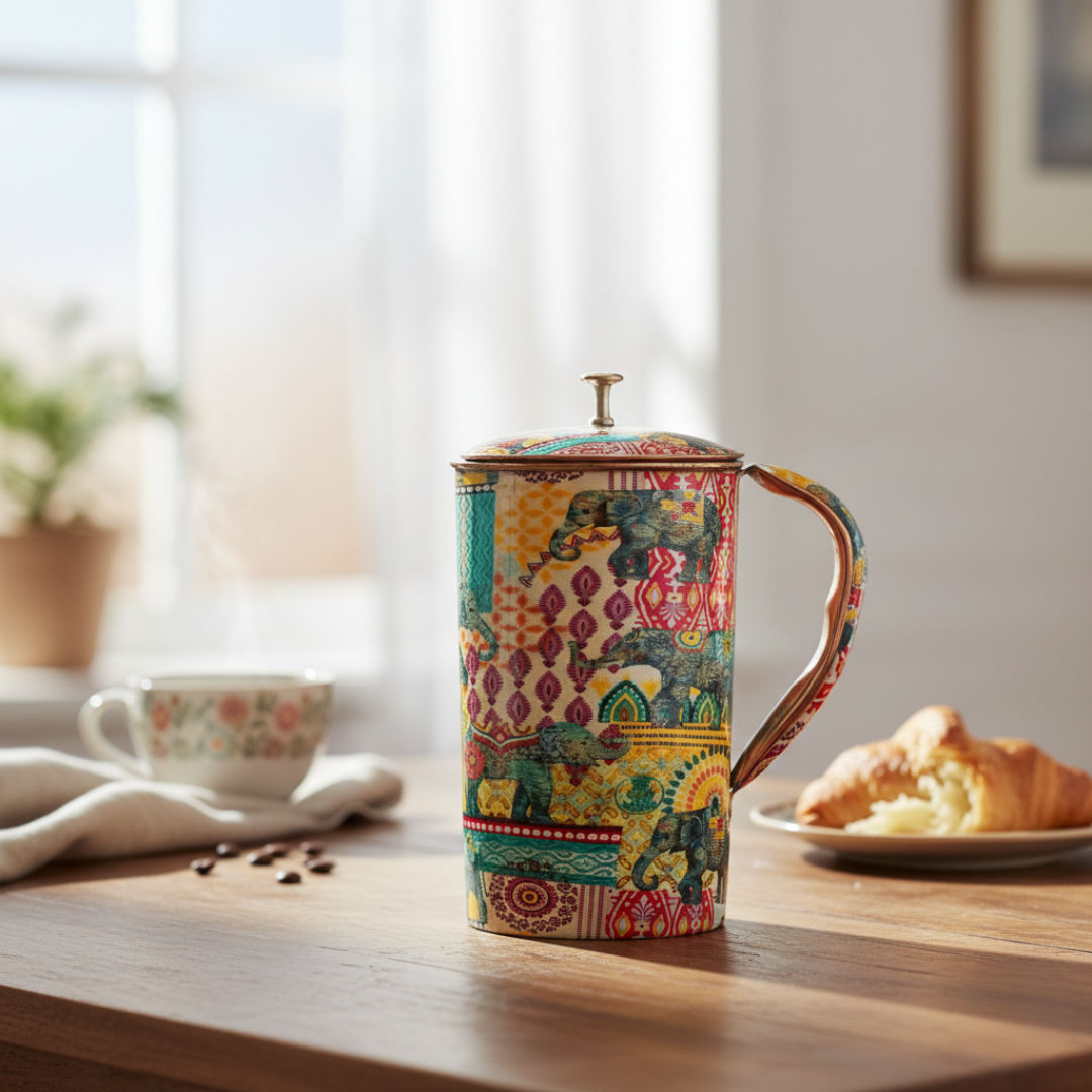 Pure copper printed jug padharo mhare desh design traditional print, 1250 ML